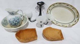 Ceiling light fitted with three shades, a ewer and basin, storage jars, green glass carafe, a