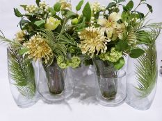 Pair of large glass vases, three other modern glass vases with faux-flowers to include hydrangea,