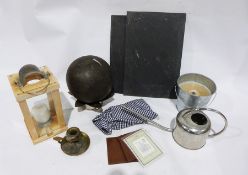 Two pillar candles, a box of white candles, candlesticks, a large white jug, faux leather box,