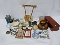 Cow hide string instrument, a pottery teapot, ceramic bowls, collectables, etc. (2 boxes)