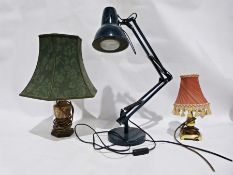 Black anglepoise lamp, a brass coloured small table lamp and a small silver-coloured metal table