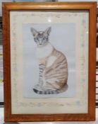 Six assorted pictures and prints including watercolour of cat and reproduction advertising mirror (