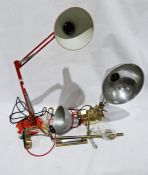 Pair of brass coloured picture lamps, red anglepoise lamp, a vintage heat lamp and a 'clip-on'
