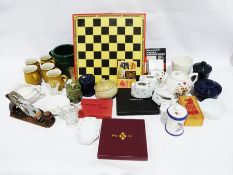Assorted glassware, a plaster of Paris bust of a girl with her hair up in a bun and a ribbon tied
