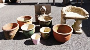 Selection of terracotta and ceramic garden planters, reconstituted stone garden ornament, a