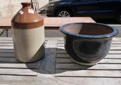 Large ceramic garden planter and an earthenware flagon