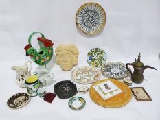 Copeland Spode 'Chelsea Birds' jug, a metal hen decorative item, a garden wall mask of a woman, a