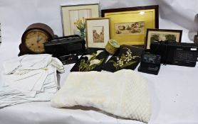 Assorted linen, boxes, tins, framed prints etc (1 box)