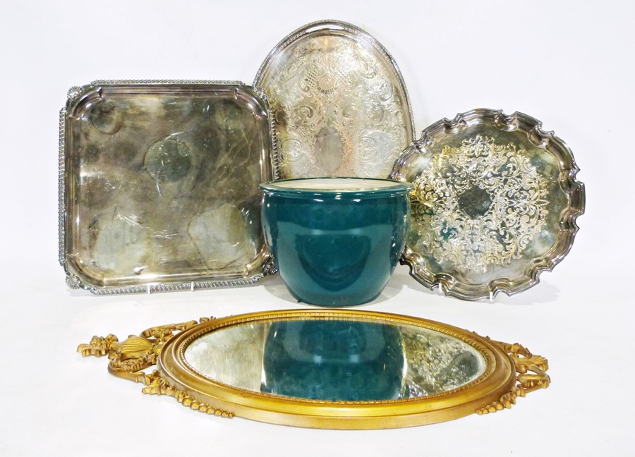 Assorted plated items, a modern mirror and a ceramic jardiniere