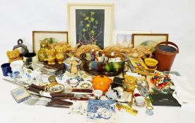 Box of assorted household and decorative items and a Ferguson DVD player.