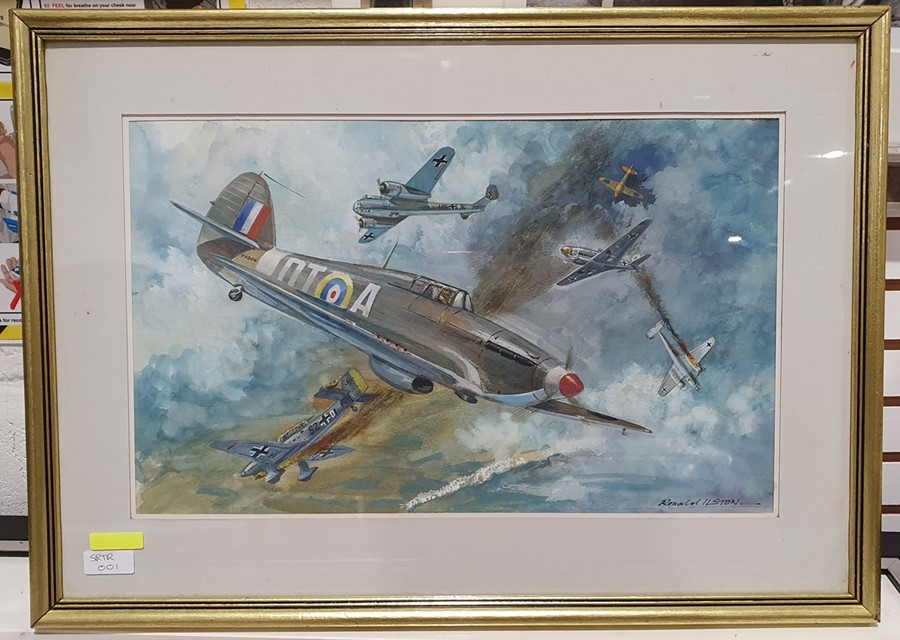 Ronald Ilston Watercolour Spitfires in dog fight, signed lower right together with Ronald Ilston - Image 5 of 6