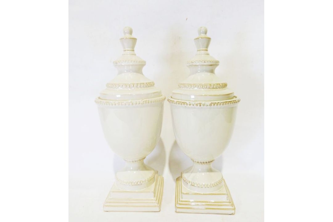 Pair of modern cream glazed ceramic lidded urn-shaped vases (2)  Condition ReportSurface/glazing - Image 1 of 6