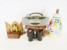 Poole pottery table lamp, a small oak stool, a Roberts tape player, etc