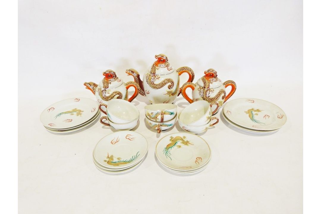 Two boxes of various china items to include a modern Japanese part tea service, a Merrythought teddy - Image 1 of 2