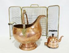 Mixture of copper and brassware to include fireside companion tools, coal helmet, spark guard