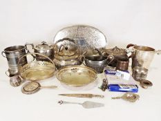 Large quantity of cutlery together with various plated wares to include teapots, tea strainer