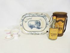 Box of china and glassware to include 2 litre vintage Glenmorangie bottle (empty) and matching