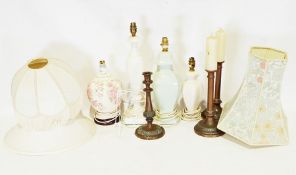 Four assorted modern table lamps and 3 candlesticks.