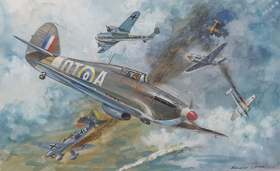 Ronald Ilston Watercolour Spitfires in dog fight, signed lower right together with Ronald Ilston - Image 2 of 6