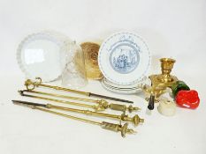 Box of various household items to include a brass fireside set