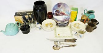 Three boxes of assorted glass and china items to include various Davenport collectors plates, cut