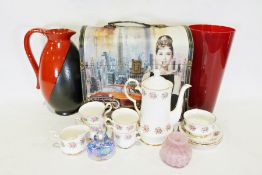 Box of various china items to include a Royal Imperial part tea service and a West German-style ewer