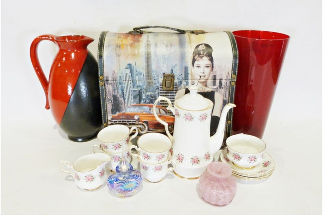 Box of various china items to include a Royal Imperial part tea service and a West German-style ewer
