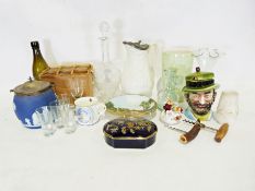 Box of various handkerchiefs, linen and tablecloths and a box of various china and glass (2)