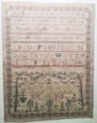 Early 19th century needlework sampler by Jane Jaques 1819, decorated with numbers and alphabets with
