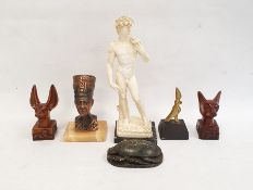 Modern carved hardstone scarab, a resin model of David and various Egyptian souvenir sculptures