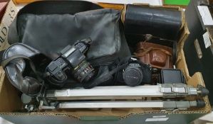 Pentax MV1 camera, a Pentax SFX camera with Hoyer 49mm lens, a Pentax F SMC zoom 1:4:5.6 lens and