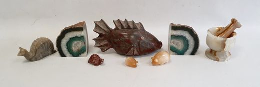 Carved hardstone fish ornament, a stained geode, a hardstone pestle and mortar and four other