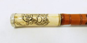 20th century Japanese walking cane, bone handle with white metal top, carved bamboo body with ox and