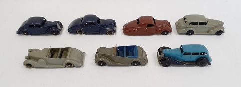Seven assorted Dinky diecast model cars including a Lincoln Zephyr, a Riley Armstrong Siddeley