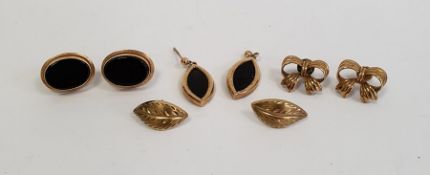 Pair black opal and 9ct gold earrings, each set oval polished stone, pair similar drop earrings,