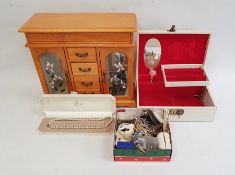 Assorted costume jewellery, a wooden and glazed jewellery cabinet, etc