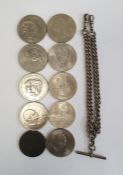 Silver albert, curb chain pattern with two clips and bar, approx. 1.8ozt and a quantity of various