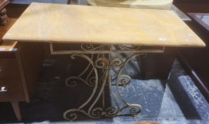 Hall table with yellow stone top, on white painted iron base, 108cm x 75cm