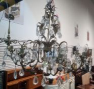 20th century eight-branch electrolier with metal leaf body with glass drops