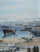 Taha Elgamal - 20th century Oil on board Persian river scene with ships in a harbour, signed lower