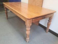 Pine kitchen table with rectangular top, on turned legs, 181cm wide
