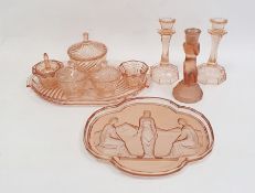 Art Deco glass dressing table set, possibly Sowerby, an Art Deco glass tray intaglio decorated