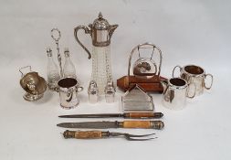 Silver plated table gong on wooden base, a silver plated cruet fitted with two cut glass oil