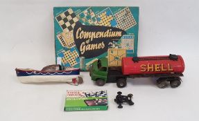 Triang Minic tinplate Shell tanker model, a plastic model RNLI lifeboat and other toys