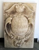 Concrete architectural panel with shield inscribed 'Stock Exchange Buildings', 89cm x 58cm