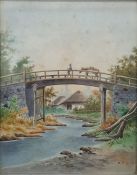 Chinese school - early 20th century Watercolour Man with donkey on a bridge, signed with monogram