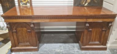 19th century mahogany pedestal sideboard the rectangular top with three drawers, on pedestal