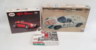 Assorted model kit cars to include Tamiya, Porsche 910, Carrera 10, 1:12 identical scale and two