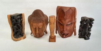 Carved wooden Buddha head, 28cm high, another carved wood mask and three other items (5)