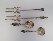 Pair of Dutch silver pickle forks with figural finials (one with losses) and two continental caddy